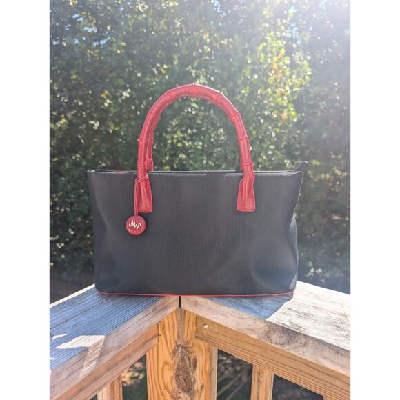 Monsac Designer Handbag Evening Red Leather Bamboo Strap Black Nylon Vintage - Picture 1 of 8